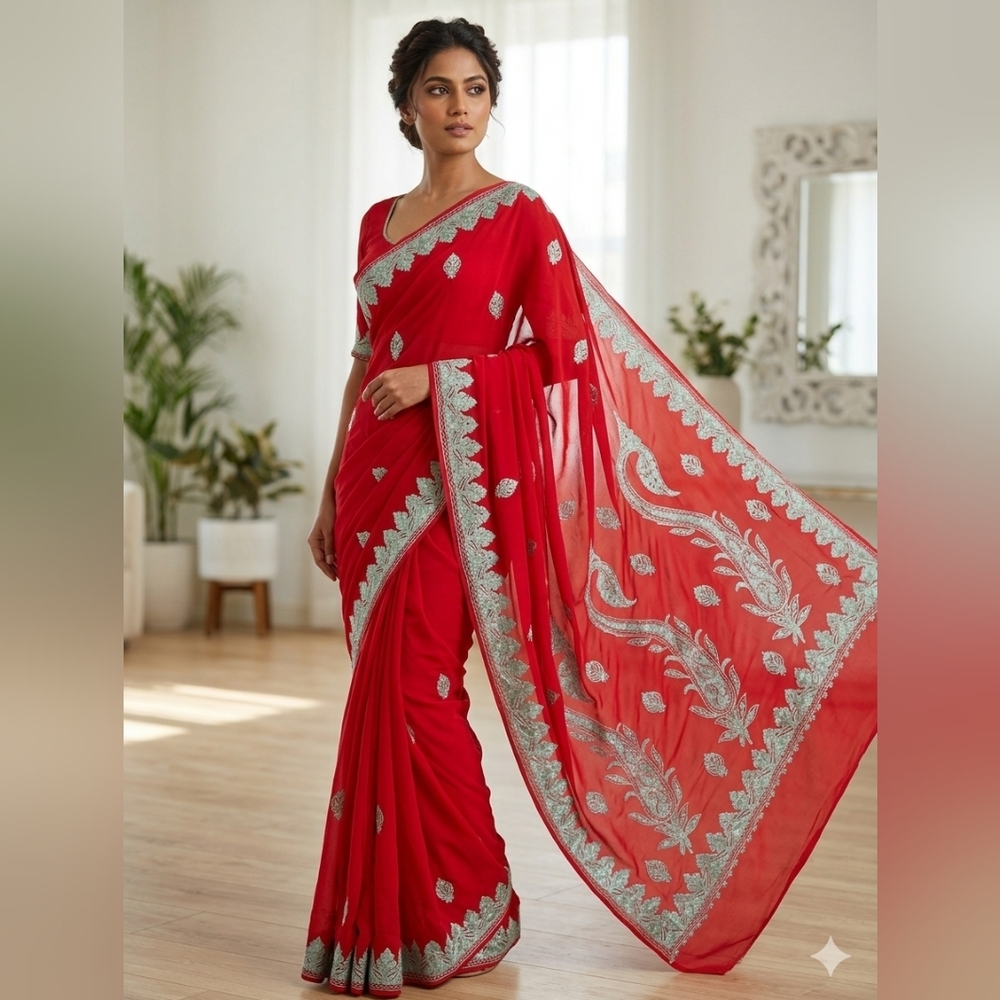 New Pure Georgette Kashimiri Embroidery Saree W BP Designer Festive Bollywood